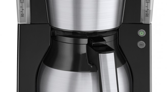 Melitta Kaffeemaschine Look Therm DeLuxe mit Edelstahl-Blende an Filterhalter, Kannengriff und Filterdeckel.