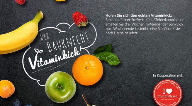 Attraktive Gratiszugabe: Wer bis Ende November ein Kühlgerät von Bauknecht mit ProFresh kauft, bekommt drei Wochen lang immer freitags eine Kiste frische Früchte nachhause.
