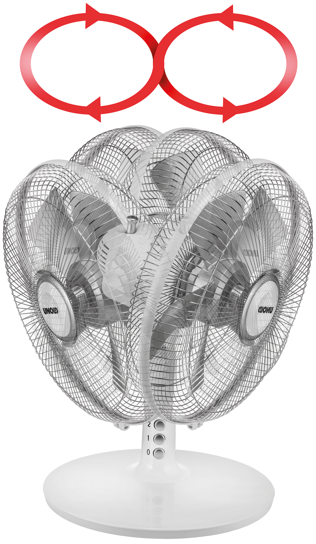 Unold Tischventilator Silverline mit verstellbaren Neigungswinkeln.