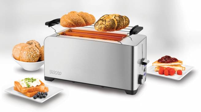 Unold Toaster Edelstahl 4er ist ein Doppel-Langschlitz-Toaster für vier Scheiben.