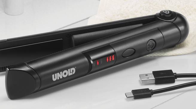 Unold Haarglätter Akku mit USB-Ladekabel.