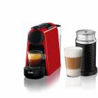 Die De'Longhi Kaffeemaschine Nespresso Essenza Mini in der Farbe Glossy Red mit Aeroccino3-Milchaufschäumer
