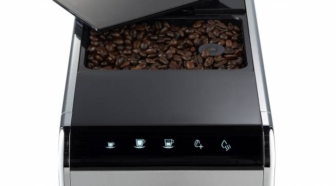 Der Kaffeebohnenbehälter mit Aromaschutz-Dichtung lässt sich auf 300 Gramm Füllmenge erweitern.