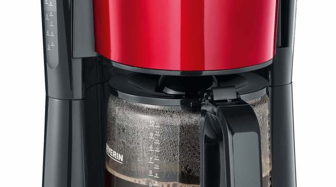 Severin Kaffeemaschine Fire Red Metallic mit Glaskanne für 10 Tassen.