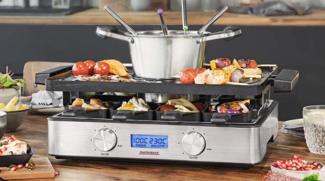 Gastroback Raclette-Fondue Design Advanced für die Zubereitung von Fleisch und vegetarischen Speisen.