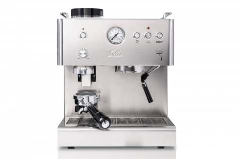 Eine Espressomaschine mit integriertem Scheibenmahlwerk, Manometer, Dampf- und Heißwasserfunktion sowie massivem Halter für 58 mm Siebeinsätze: „Personal Barista“ von Solis.