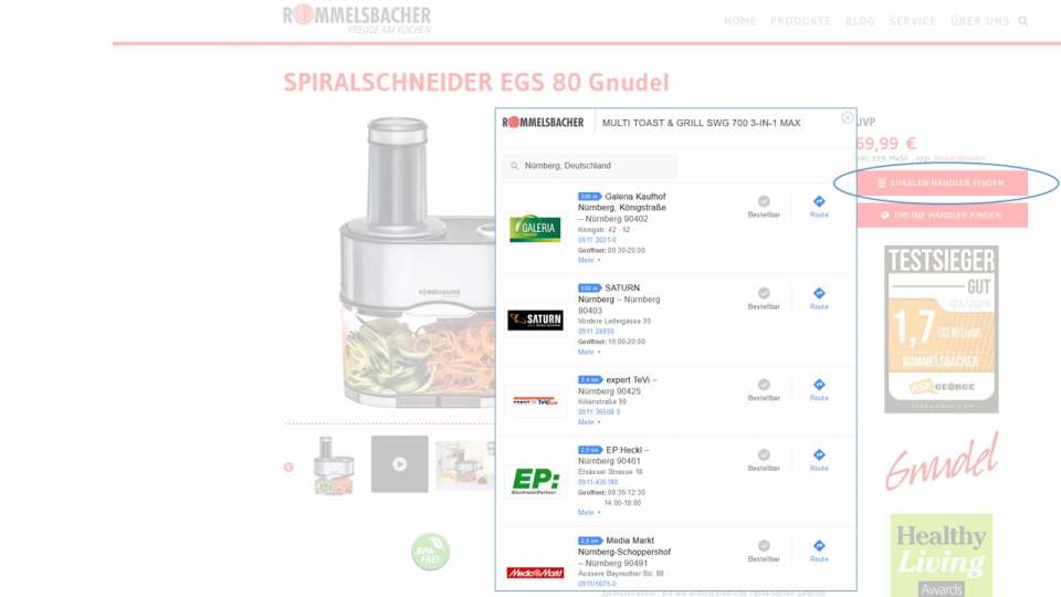 Die Homepage von Rommelsbacher gibt Infos zu den Kontaktdetails zum lokalen Händler …