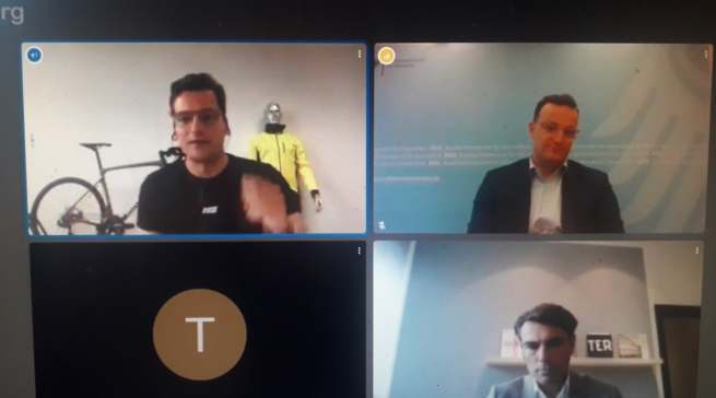 Digitaltalk mit (im Uhrzeigersinn von links oben): Marcus Diekmann, Bundesgesundheitsminister Jens Spahn und Mark Rauschen.