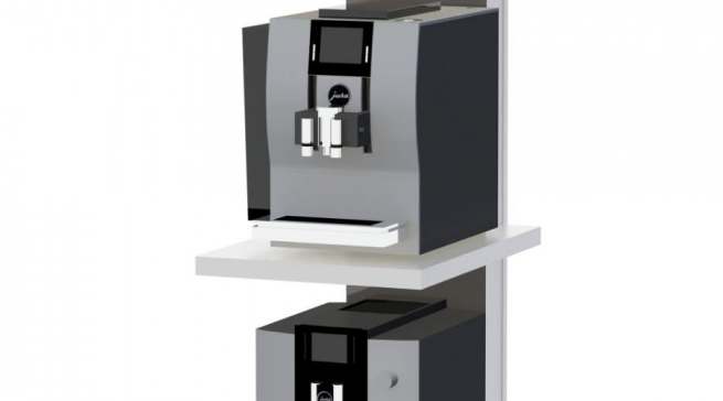 Das Präsentationsrack bietet Platz für drei Vollautomaten von Jura.