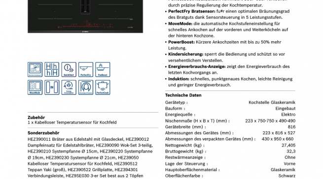 Datenblatt Bosch Kochfeld mit integriertem Dunstabzug