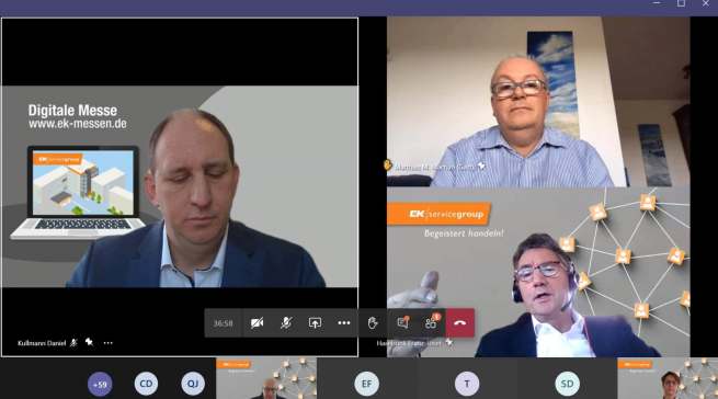 Im digitalen Messe-Austausch anlässlich der EK live im Januar: Daniel Kullmann (links), Vorstandsvorsitzender Franz-Josef Hasebrink (unten rechts) und infoboard.de-Chefredakteur Matthias M. Machan (oben rechts).