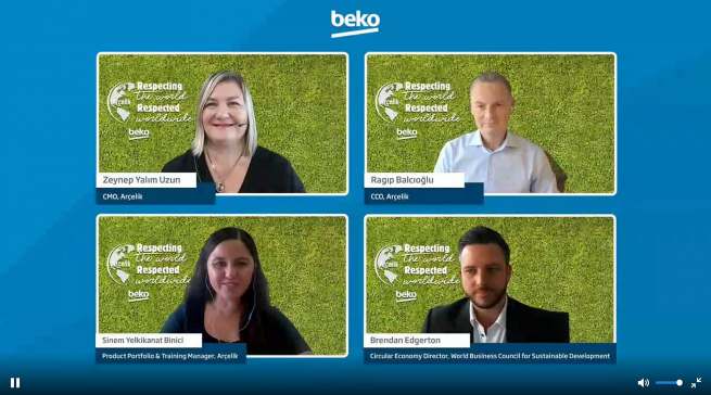 Die Referentinnen und Referenten des internationalen Beko-Launch für nachhaltige Hausgeräte.