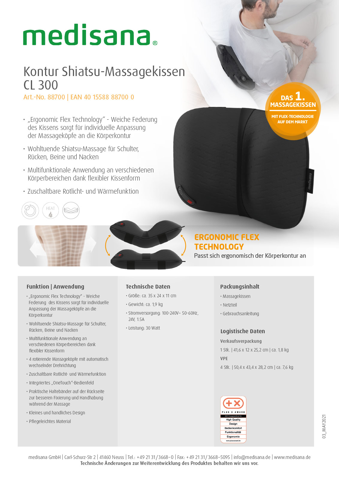 Kontur Shiatsu-Massagekissen CL 300 mit innovativer „Ergonomic Flex Technology“ Produktblatt