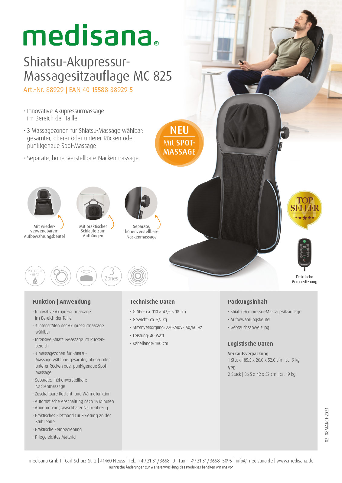 Massagesitzauflage MC 825 Produktblatt