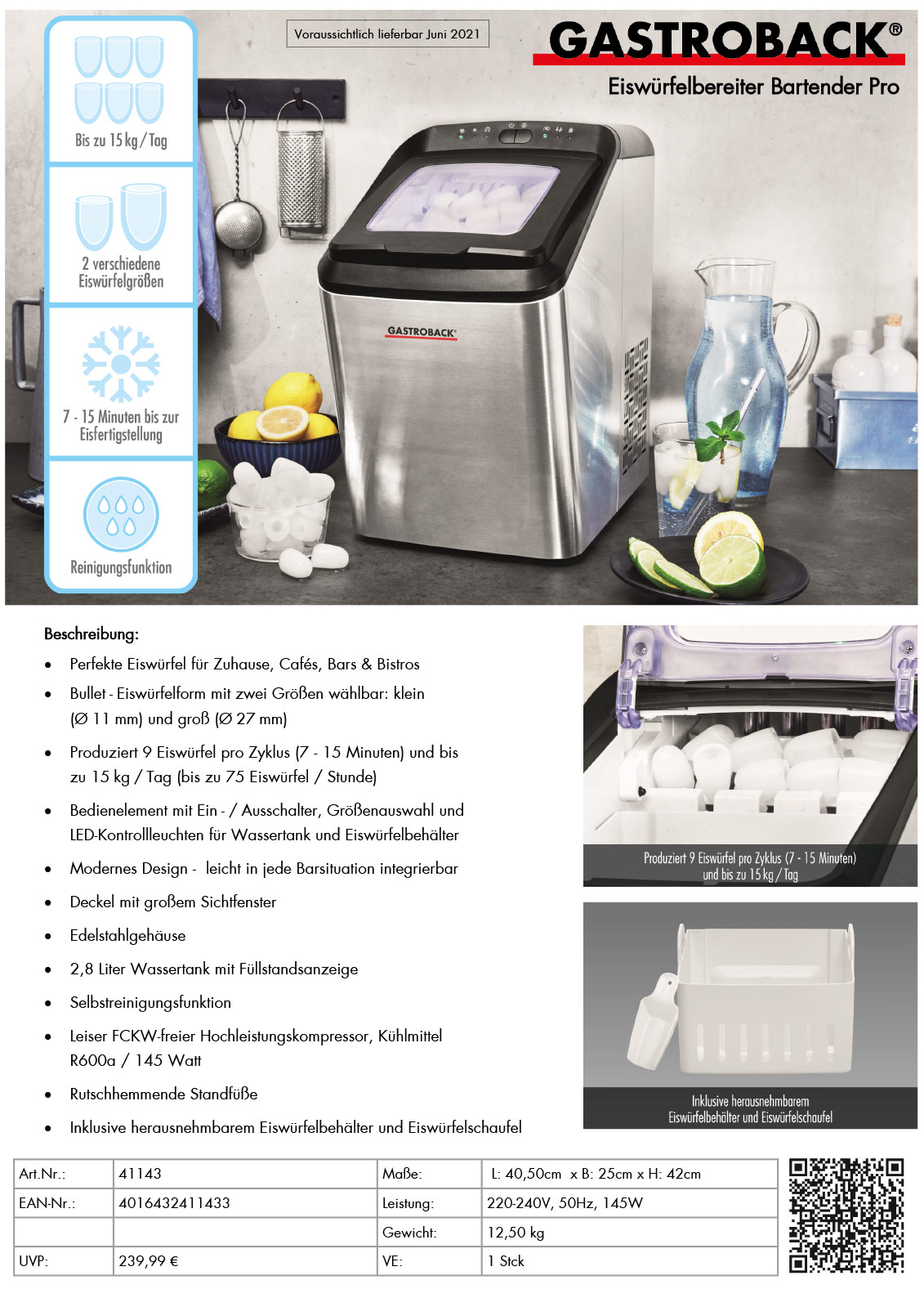 Gastroback Eiswürfelbereiter Bartender Pro Produktblatt