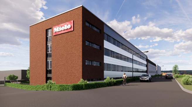 Rund 4.000 Quadratmeter Fläche für Labore und Büroarbeitsplätze bietet das viergeschossige Gebäude für die Konstruktion und Entwicklung im Miele-Werk Bünde, das zum Jahresende bezugsfertig sein soll.
