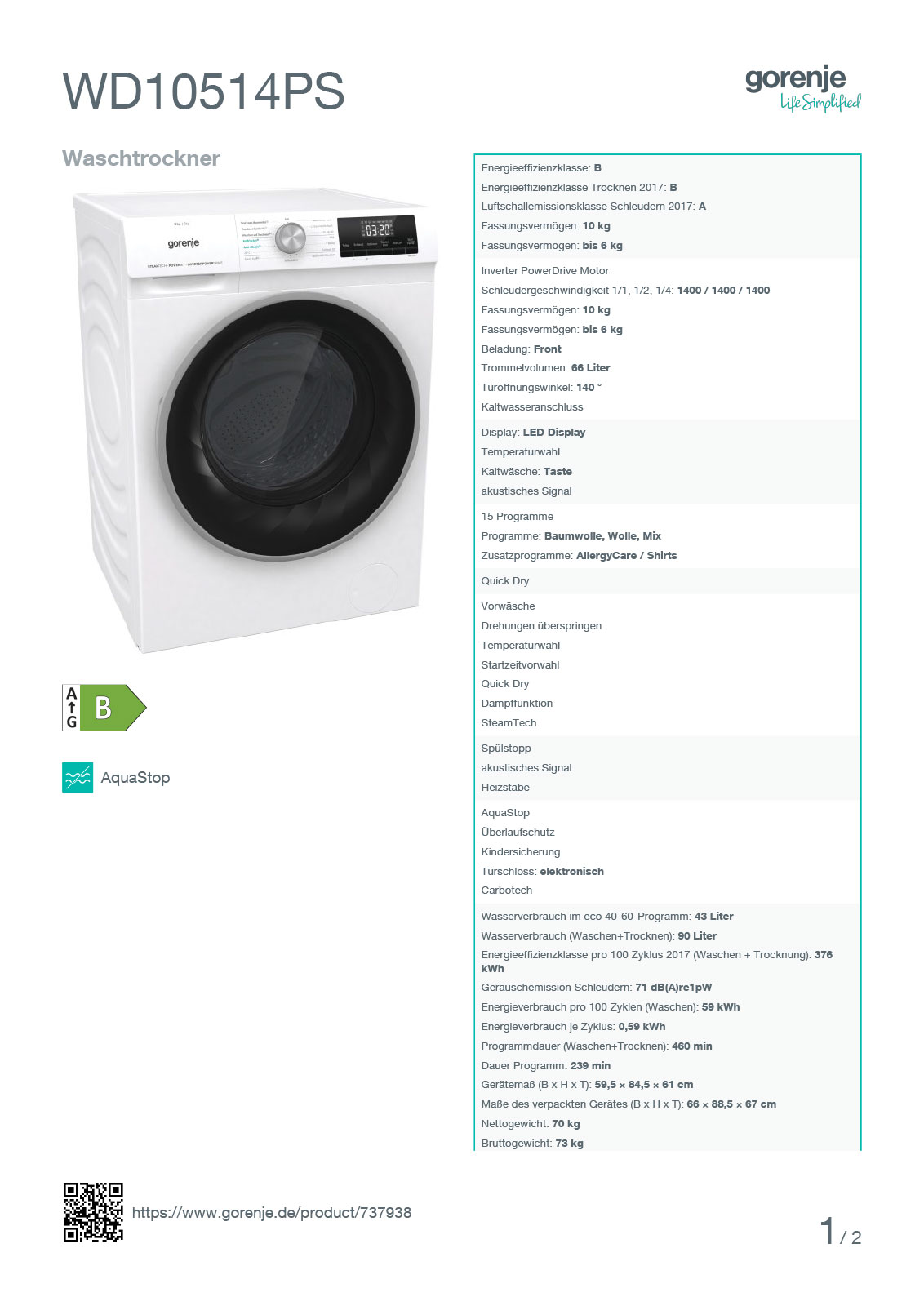 Datenblatt Gorenje Waschtrockner WD10514PS 