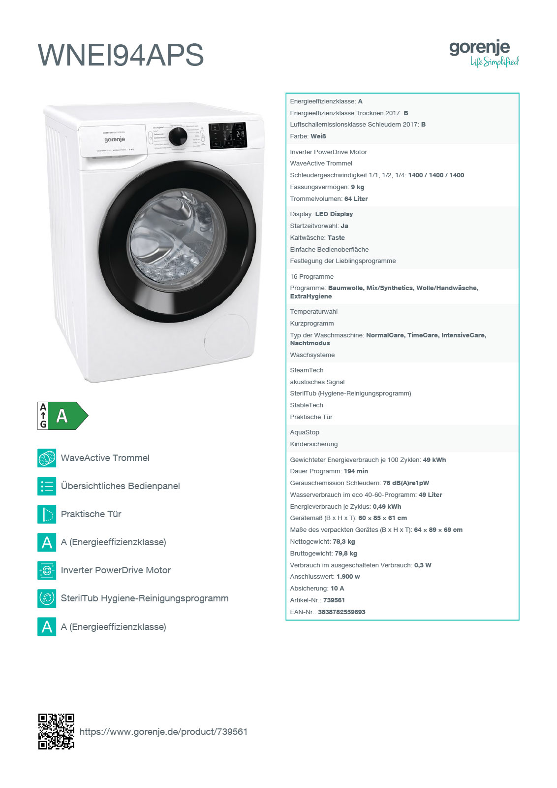 Datenblatt Gorenje Essential-Waschmaschine WNEI94APS 
