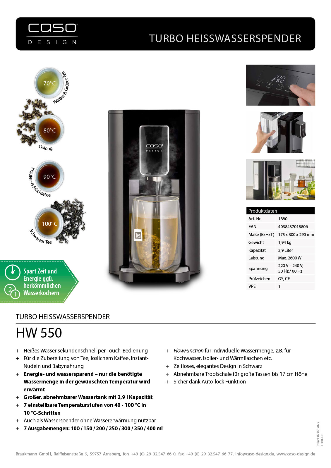 Datenblatt Heißwasserspender CASO HW 550