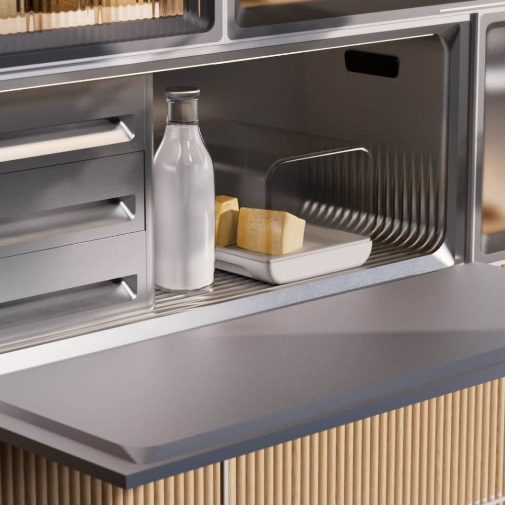 Die modularen Aufbewahrungslösungen des „GRO“-Küchensystems soll Menschen dazu anregen, insgesamt weniger und qualitativ hochwertigeres Fleisch zu essen sowie neue, vielfältige Proteinquellen zu entdecken.