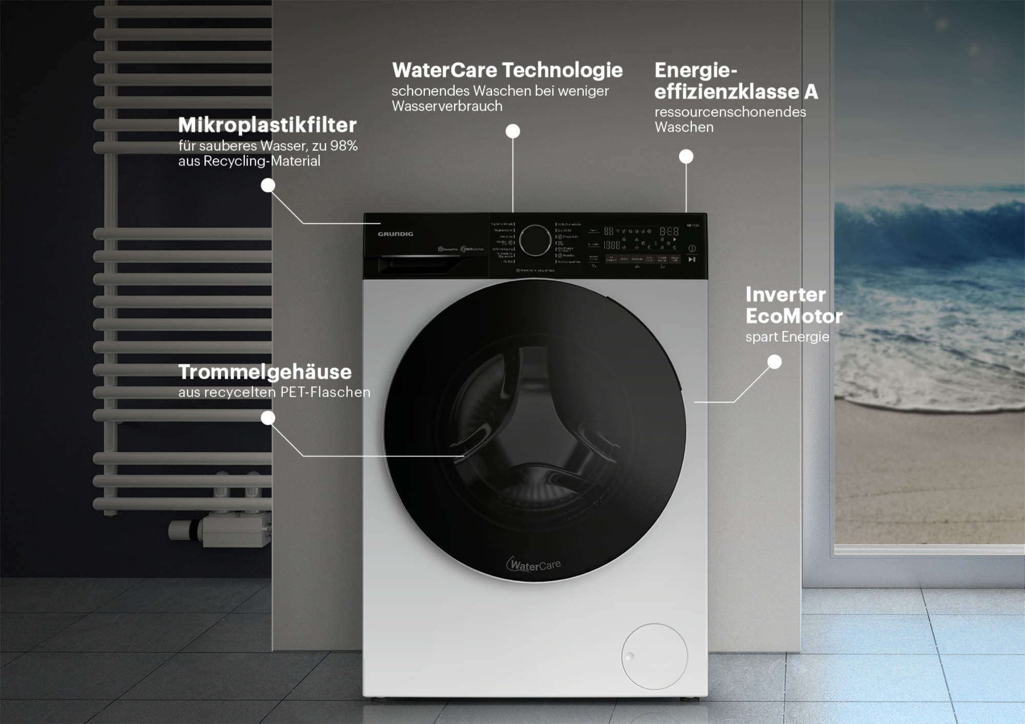 Der Nachhaltigkeitsansatz von Grundig hört nicht beim Mikroplastikfilter auf. Die Waschmaschinen GW7P79419W und GW7P510419W sind mit weiteren umweltfreundlichen Innovationen ausgestattet.