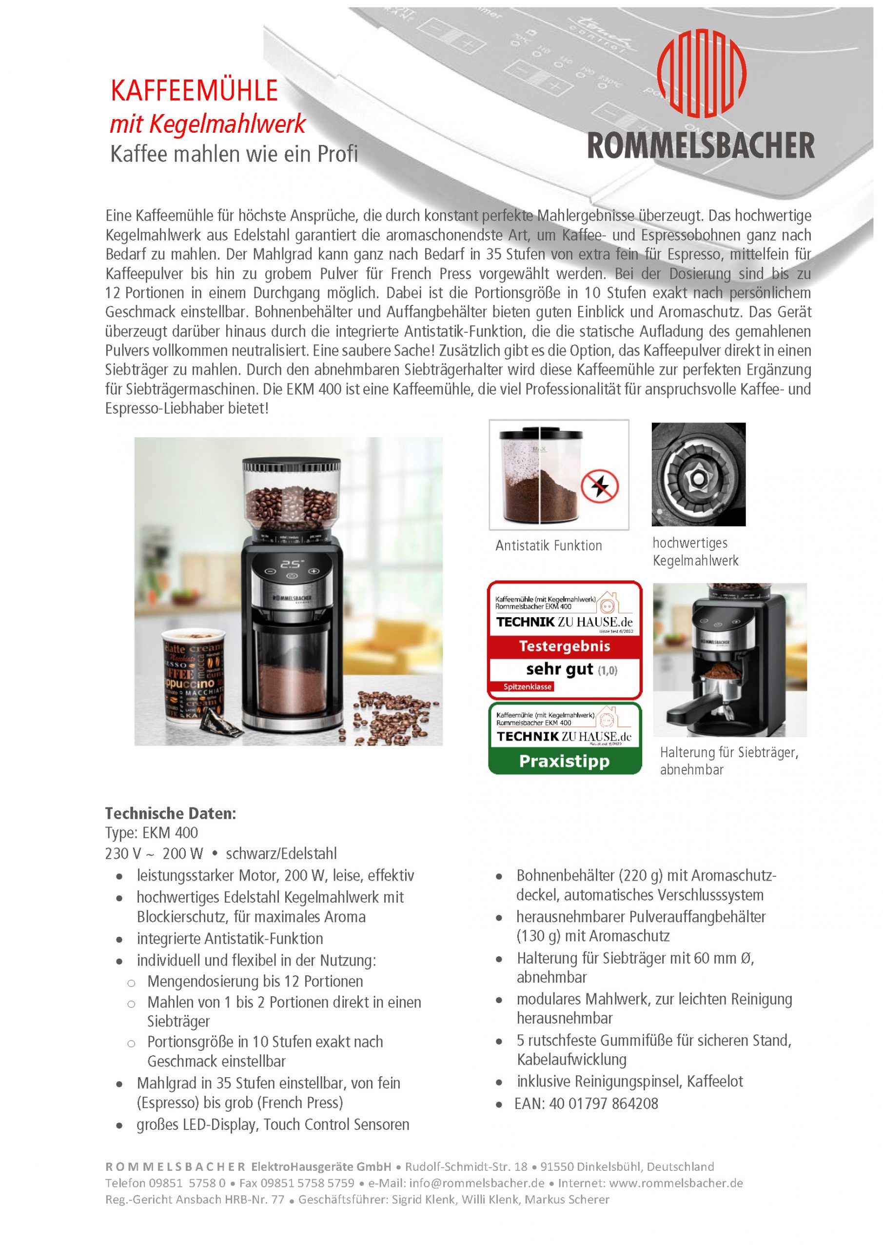 Produktblatt ROMMELSBACHER Kaffeemühle EKM 400 mit Kegelmahlwerk