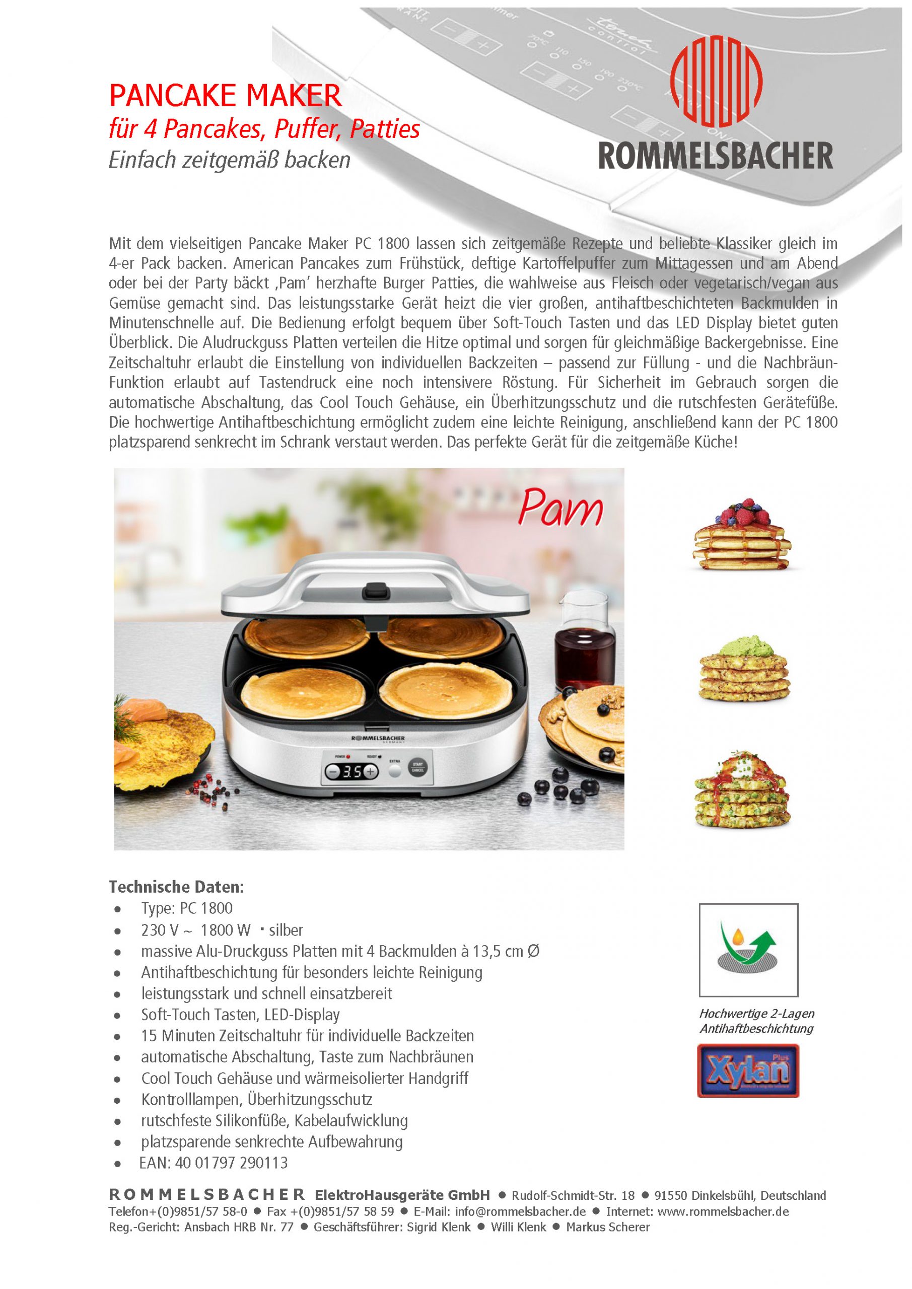 ROMMELSBACHRER Produktdatenblatt Pancake Maker PC 1800 Pam