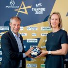 Sportliche Partnerschaft: David Szlezak (EHF Marketing Geschäftsführer) und Anja Zankl (Marketing Director Hisense Gorenje Germany).