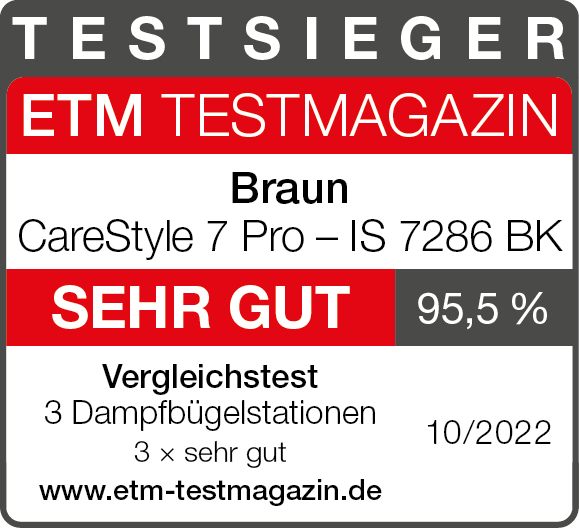Testsiegel ETM Testmagazin Braun Dampfbügelstation CareStyle 7 Pro