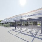 Fast hundert Meter lang birgt das futuristische Gebäude von Bora in Herford nicht nur den eigenen Flagship Store, sondern auch Ausstellungsflächen für Partner aus dem Bereich Bauen, Wohnen und Einrichten. Renderings: Bora