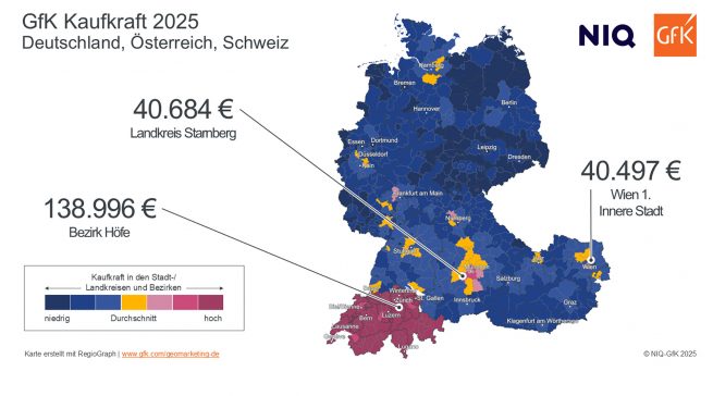 GfK Kaufkraft 2025: Deutschland, Österreich und die Schweiz im Vergleich. Grafik: NIQ-GfK