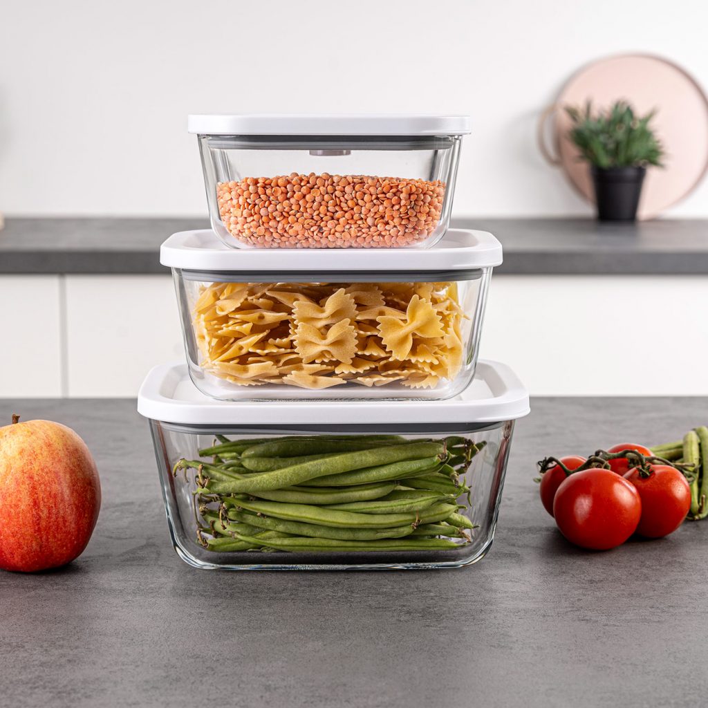 Das Hand Vakuumierer Starterset enthält unter anderem drei formschöne Vakuum Behälter aus hygienischem Borosilikatglas.