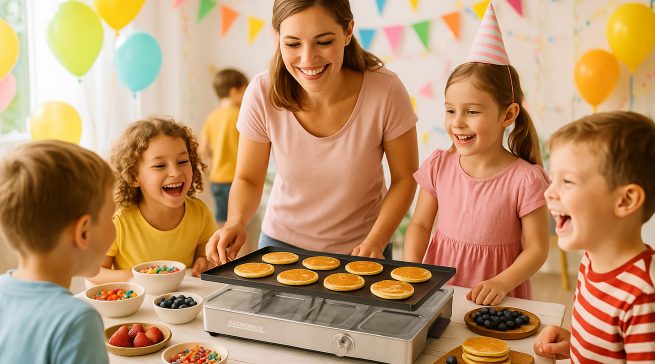 Mit der Raclette Grill & Pancake Station lassen sich sowohl klassische Raclette-Zubereitungen als auch Pancakes und Grillgerichte umsetzen.