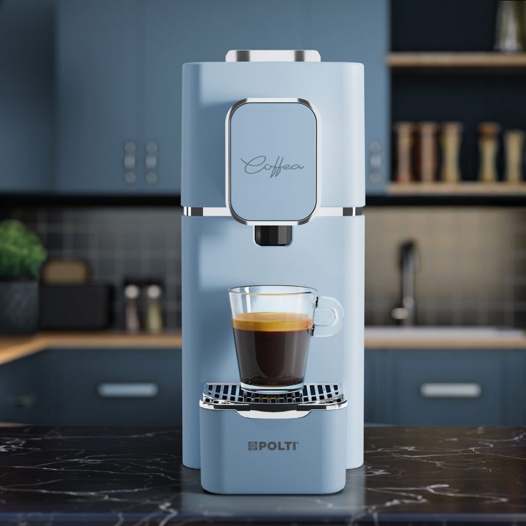 POLTI Coffea Pad-Maschine in der neuen Trendfarbe Hellblau.