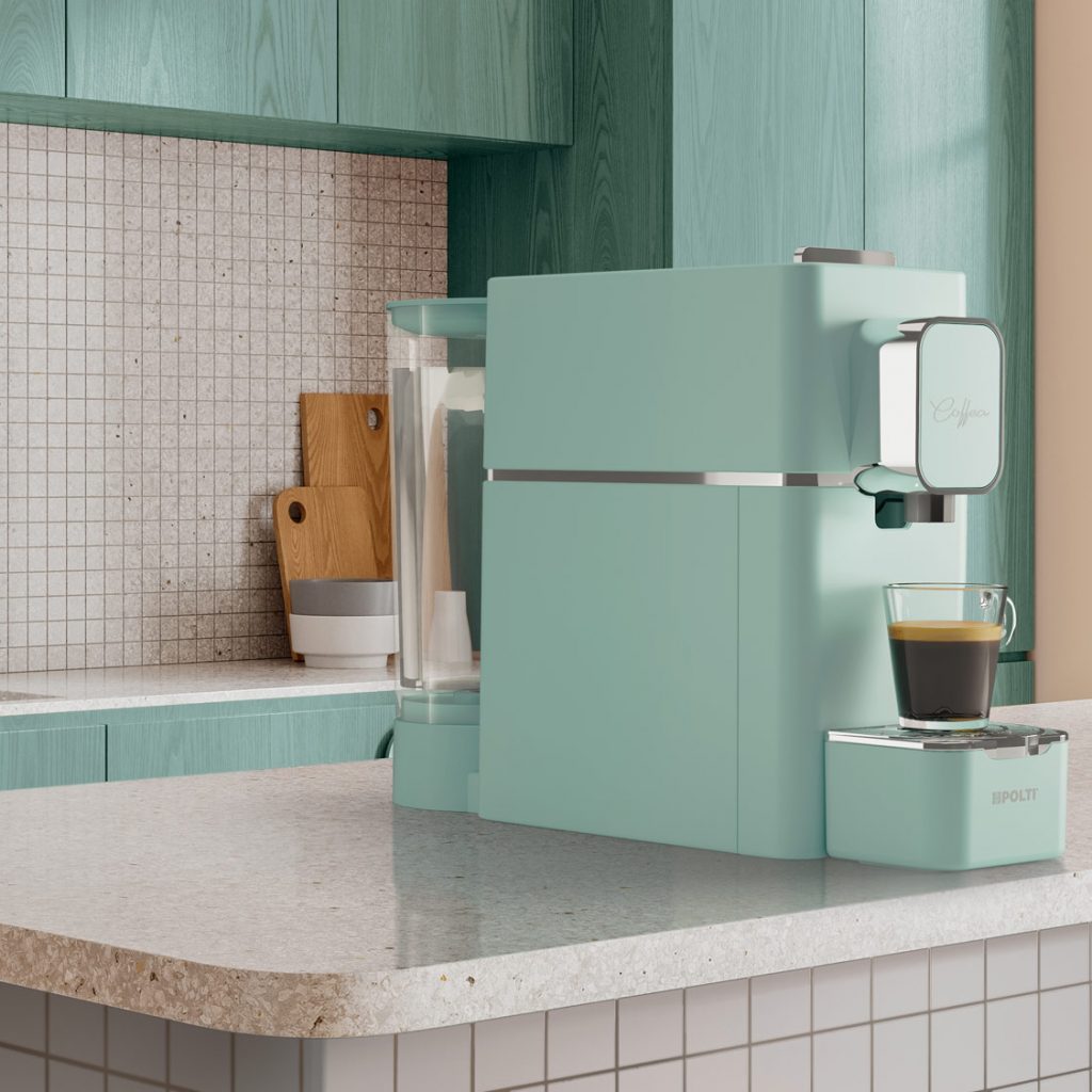 POLTI Coffea Pad-Maschine in der neuen Trendfarbe Türkisgrün.