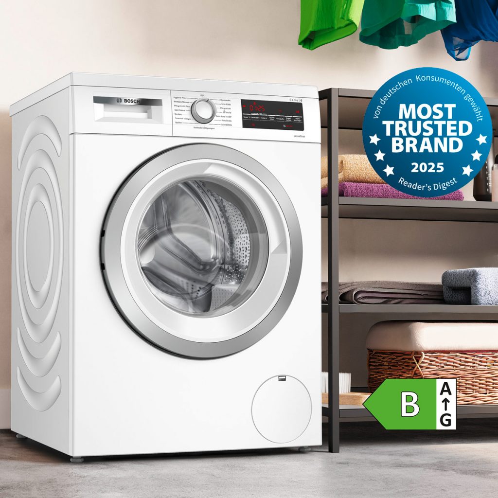 Auch das getestete Bosch-Modell WUU28T71 aus der Serie 6 erhielt den Testsieg in der Kategorie „Waschmaschinen mit normaler Tiefe“.