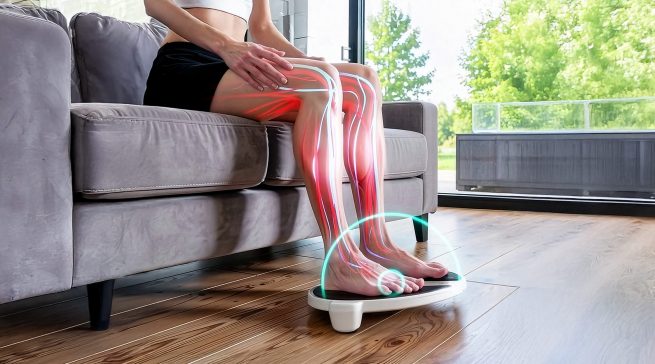 Anwendungsbeispiel eines EMS-Geräts zur muskulären Stimulation und Förderung der Durchblutung. Feelvita Acticur steht für eine neue Ära der medikamentenfreien Schmerztherapie und Vitalisierung – direkt im eigenen Zuhause.