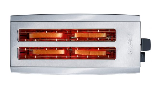 Der TO100 ist ein hochwertig verarbeiteter Langschlitz-Toaster für bis zu 4 Scheiben Brot.