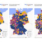 Die Karten zur NIQ Einzelhandelskaufkraft (links), zum Einzelhandelsumsatz (Mitte) und zur Einzelhandelszentralität (rechts) zeigen die regionalen Unterschiede im stationären Einzelhandel 2025. Während im Süden und Südwesten hohe Kaufkraft dominiert, weisen viele Mittelstädte in ländlichen Regionen überdurchschnittliche Zentralitätswerte auf. Quelle: NIQ Geomarketing.