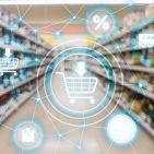 Shopping cart Ecommerce Marketing channel distribution concept on supermarket background.