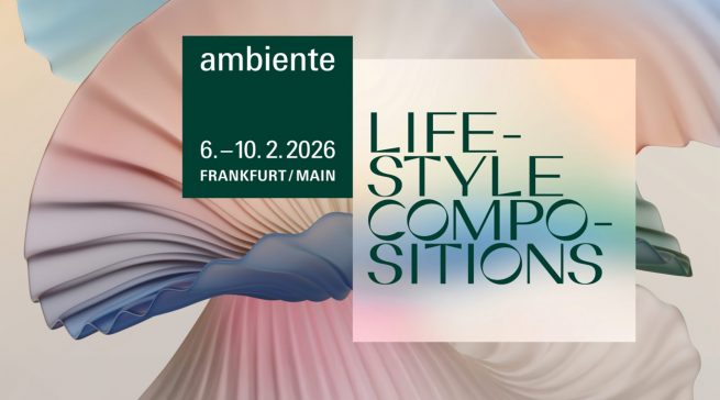 Keyvisual zur Ambiente 2026: Unter dem Motto „Lifestyle Compositions“ lädt die internationale Konsumgütermesse vom 6. bis 10. Februar 2026 nach Frankfurt am Main – mit Trends aus den Bereichen Dining, Living, Giving und Working.