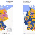 Links: Regionen mit hoher Ausgabeneigung für Kaffee, rechts: Regionen mit überdurchschnittlicher Teekaufkraft. Die Daten basieren auf dem Indexwert der microm Consumer Data (Deutschland = 100).