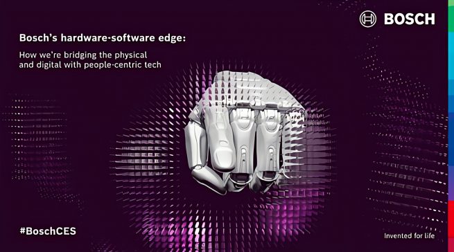 Keyvisual zur CES 2026: Bosch stellt unter dem Leitmotiv „Bosch’s hardware-software edge“ neue Technologien vor, die physische und digitale Welten mit menschenzentrierter Technik verbinden.