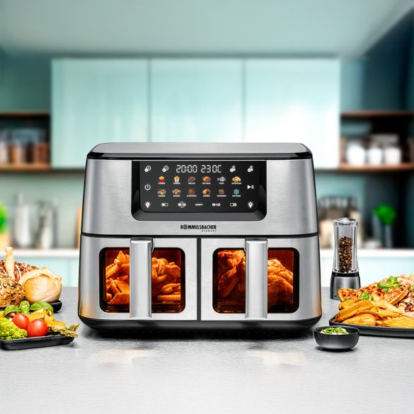 Maximale Funktionalität auf Knopfdruck: Die Doppel-Heißluftfritteuse FRH 2650 von Rommelsbacher überzeugt durch synchronisierbare Garprozesse in zwei großzügigen Kammern. Für alle, die Wert auf eine schnelle, fettarme und kreative Küche legen.