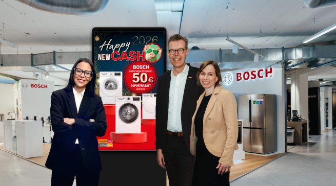 Erfolgreiche Gemeinschaftskampagne von electroplus küchenplus und Bosch: Lisa Kolbert (Key Account Managerin Electrical Retail Germany, BSH), Franz Schreckenberg (Team Lead Category Management Electro, EK Retail) und Alice Jank (Category Manager Major Domestic Appliances, EK Retail) (v. l.).