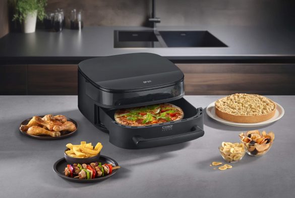 Mit der neuen Design Heißluftfritteuse „AirFry & PizzaChef“ kann sogar Pizza bis zu 30 cm Durchmesser lecker zubereitet werden.