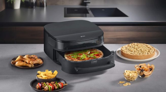 Mit der neuen Design Heißluftfritteuse „AirFry & PizzaChef“ kann sogar Pizza bis zu 30 cm Durchmesser lecker zubereitet werden.
