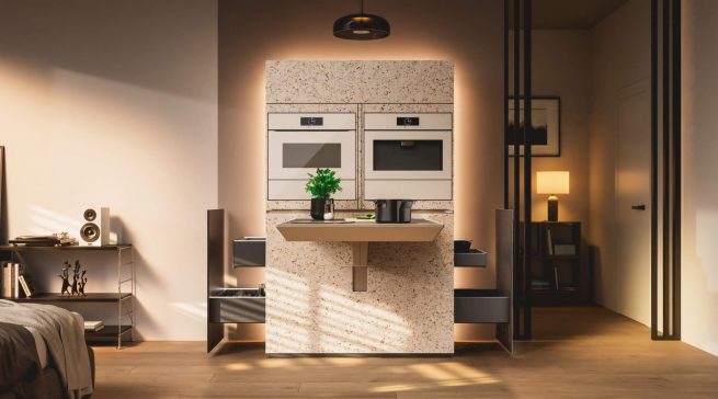 Auf den ersten Blick unspektakulär, aber bei genauerem Hinschauen eine Küchenrevolution: Mit „Miele Compact Living: Kitchen Unit powered by Hettich“ zeigt Miele eine Designstudie für hochfunktionale und flexible Küchenlösungen – selbst auf kleinstem Raum. Foto: Miele