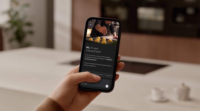Mit dem „CulinaryCoach“ präsentiert Miele einen KI-gestützten Assistenten, der in Echtzeit personalisierte Kochanleitungen liefert, Nutzer nahtlos mit ihren Geräten vernetzt und Kochen im Alltag intuitiver und flexibler macht. Foto: Miele