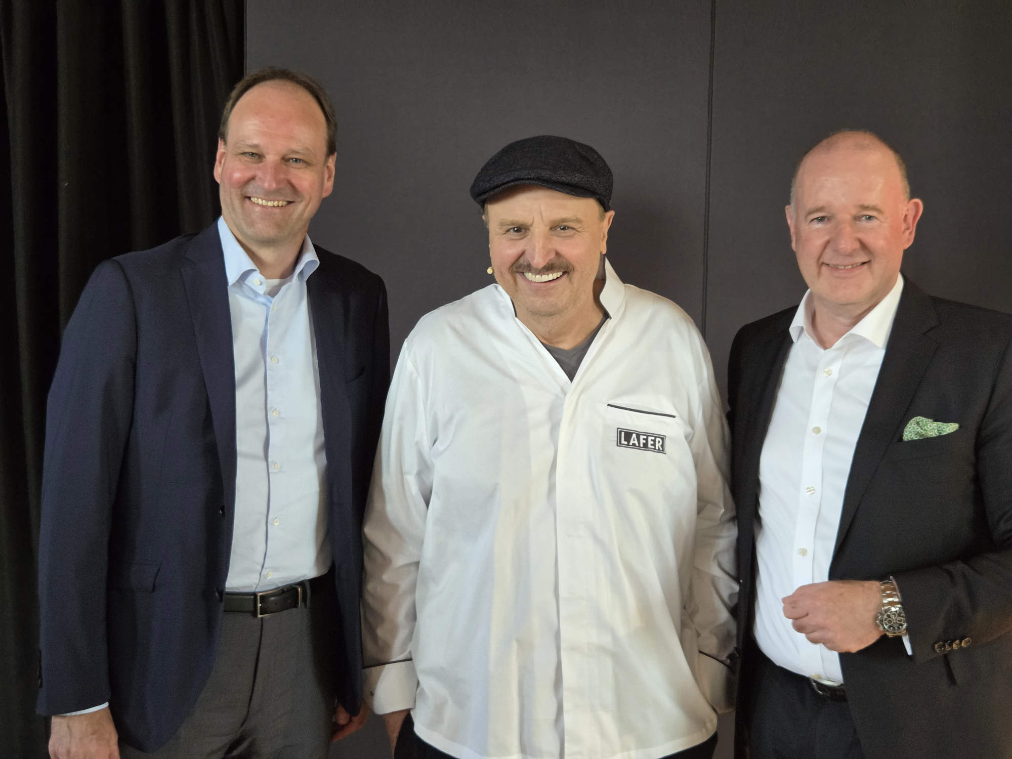 Dr. Markus Miele, Spitzenkoch Johann Lafer und Christian Gerwens (v. l.).